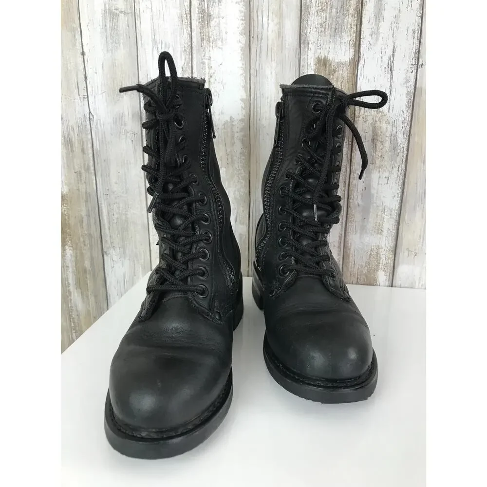 VINTAGE Harley Davidson Black Leather Combat Boots Lace Zip Up 5 Oil Resistant